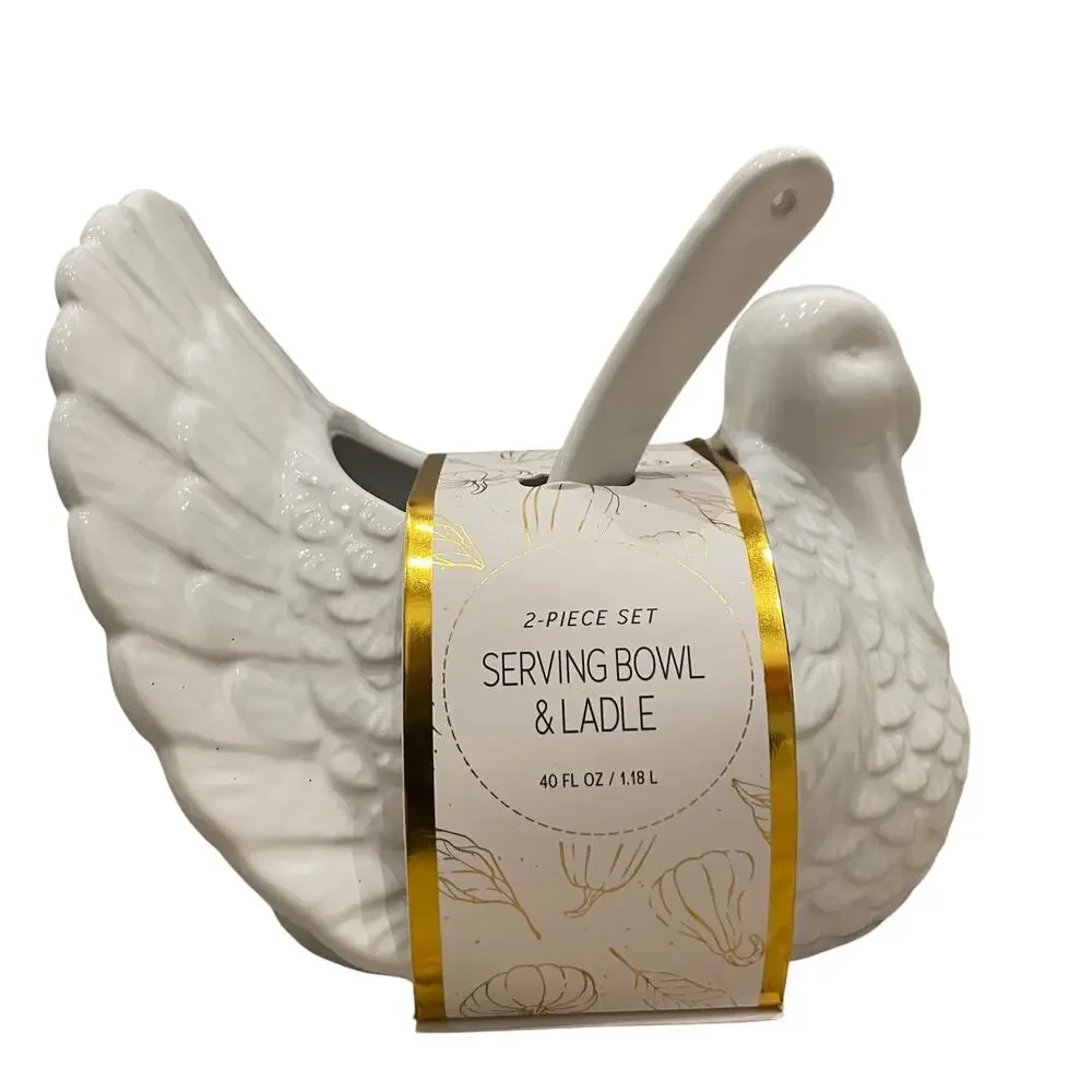 Turkey Shaped Serving Bowl and Ladle 2 Piece Set White 7in New